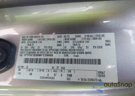 2021 Ford F-150 Xl z USA, uszkodzony, nr VIN 1FTFX1E88MFC59669